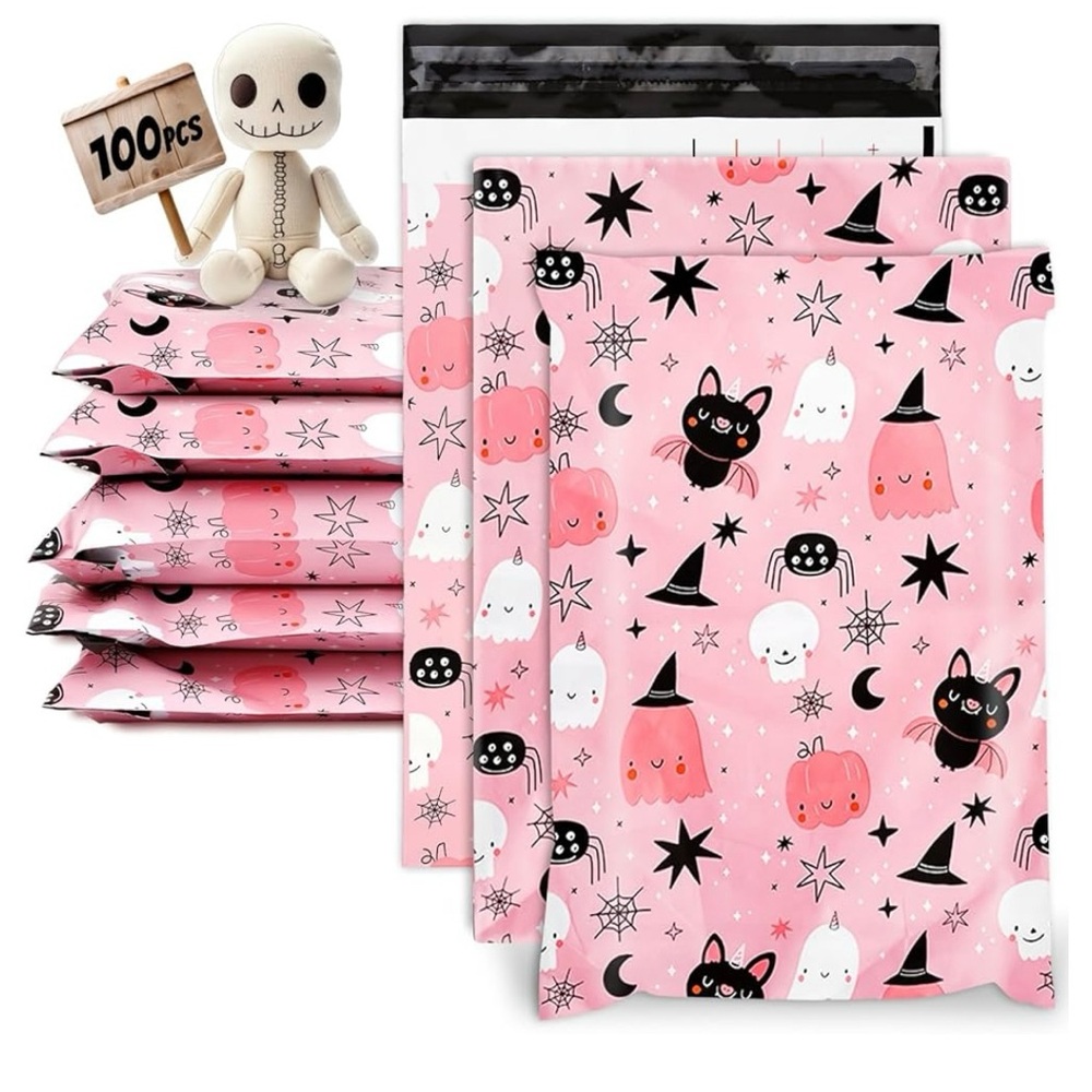 30 Pink Halloween 10” x 13” Poly Mailers Ghost Bat Pumpkins Skulls Spiders